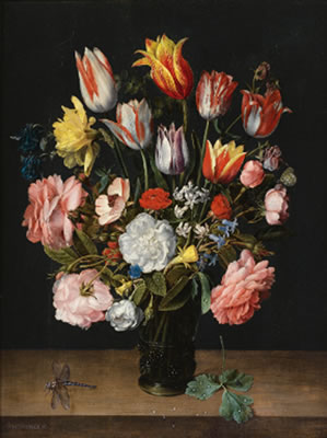 A STILL LIFE OF TULIPS, ROSES, BLUEBELLS, DAFFODILS, A PEONY AND OTHER FLOWERS IN A GLASS ROEMER ON A WOODEN LEDGE WITH A DRAGONFLY