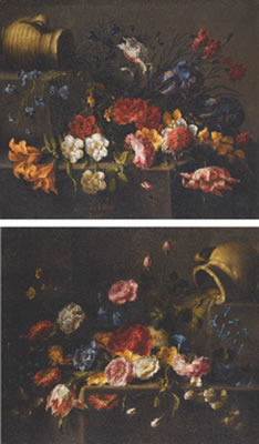 LILIES, ROSES, PEONIES, PINKS, IRIS, A TULIP AND OTHER FLOWERS ON A STONE LEDGE, AN EARTHENWARE VESSEL UPPER LEFT;