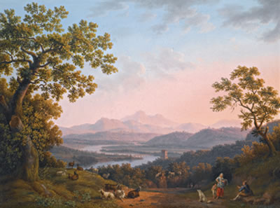 A VIEW ALONG THE VALLEY OF THE RIVER TIBER TOWARDS POGGIO MIRTETO, AND BEYOND THE SABINE MOUNTAINS LIT UP BY THE EVENING SUN