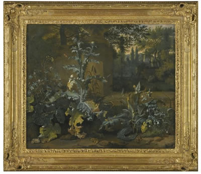 THISTLES, DOCK AND OTHER FOREST-FLOOR PLANTS IN A PARKLAND SETTING WITH FROGS, BUTTERFLIES AND SNAILS