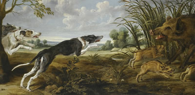 AN EXTENSIVE LANDSCAPE WITH THREE HOUNDS SURPRISING A WILD BOAR AND ITS YOUNG