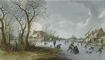A FROZEN RIVER LANDSCAPE WITH A MAN PUSHING HIS WIFE ALONG THE ICE IN A SLEDGE by Pieter De Bloot - Auction record, sale price, and art valuation. Compare with similar artists and explore comparable artworks.
