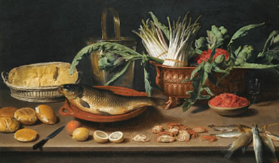 STILL LIFE WITH A FISH ON A TERRACOTTA PLATE, BUNCHES OF ASPARAGUS, ARTICHOKES AND CHERRIES IN A SCALLOPED DISH, TOGETHER WITH HALF A CHEESE IN A BASKET, BREAD ROLLS, FRAISES DE BOIS, LEMONS, ORANGES AND CRABS ALL ARRANGED ON A TABLE TOP