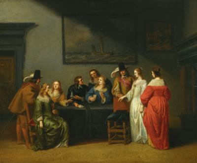 INTERIOR WITH FIGURES PLAYING CARDS