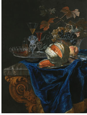 STILL LIFE WITH A MELON AND A PEACH ON A SILVER PLATTER, TOGETHER WITH A GLASS BOWL OF GRAPES AND A TRAY OF ASSORTED GLASSWARE ON A MARBLE TABLE TOP PARTLY DRAPED WITH A BLUE CLOTH by Christian Berentz - Auction record, sale price, and art valuation. Compare with similar artists and explore comparable artworks.