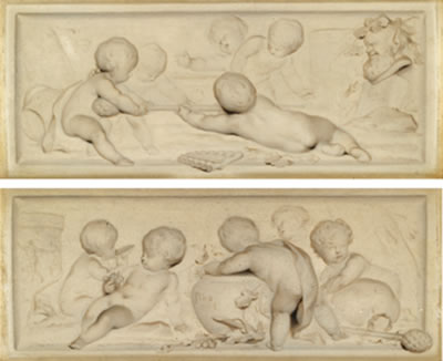PUTTI PLAYING AND DRINKING FROM AN URN; PUTTI DISPORTING BENEATH A STATUE OF BACCHUS (A PAIR)