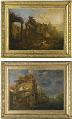 A MOONLIT LANDSCAPE WITH FIGURES BENATH AN ANCIENT RUINED GATEHOUSE;	 AN EVENING LANDSCAPE WITH FIGURES BENEATH ROMAN RUINS, A TOWN BEYOND