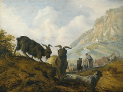 GOATS ON A HILLSIDE WITH HERDERS BEYOND