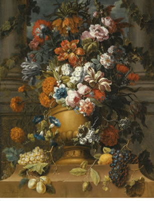 FLOWERS IN AN URN WITH FRUIT ON A PEDESTAL
