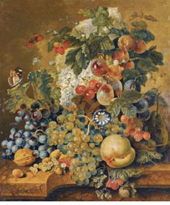 A STILL LIFE WITH A BASKET OF FRUIT, NUTS?AND FLOWERS ON A STONE LEDGE, WITH A FLY, BUTTERFLIES, A DRAGON FLY AND A SNAIL