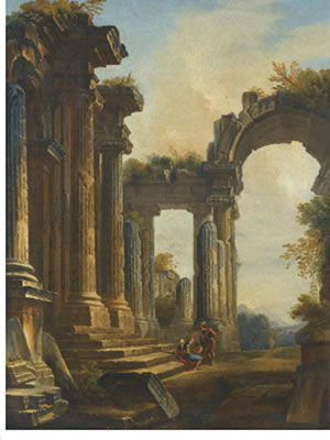 A CAPRICCIO OF CLASSICAL RUINS WITH THREE MEN CONVERSING AT THE STEPS OF A TEMPLE by Giovanni Niccolo Servandoni - Auction record, sale price, and art valuation. Compare with similar artists and explore comparable artworks.