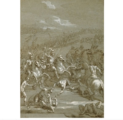 A BATTLE SCENE: ROMAN CAVALRY ATTACKING IN AN OPEN LANDSCAPE