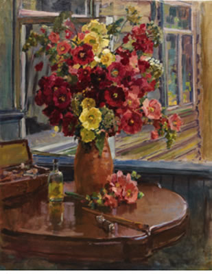 STILL LIFE WITH HOLLYHOCKS