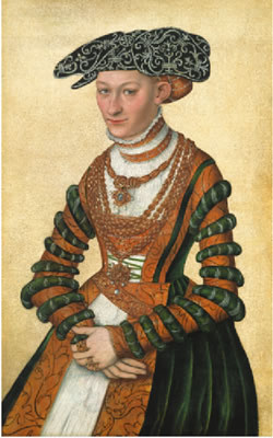 PORTRAIT OF A LADY, THREE-QUARTER LENGTH, IN A GREEN VELVET AND ORANGE DRESS AND A PEARL-EMBROIDERED BLACK HAT