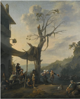 PEASANTS DANCING THE TARANTELLA OUTSIDE AN INN IN A HILLY ITALIANATE LANDSCAPE