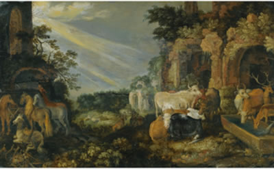 PEASANTS CAROUSING AND FEASTING IN A LANDSCAPE WITH RUINS, A CHURCH BEYOND