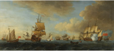 AN ENGLISH FRIGATE UNDER SAIL FIRING A GUN, WITH SHIPPING AT ANCHOR AND UNDER SAIL