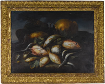 STILL LIFE OF SALTWATER FISH, A LOBSTER AND A BRASS POT UPON A SEA SHORE