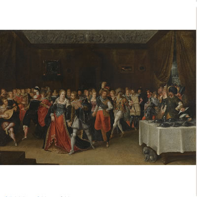 AN INTERIOR SCENE WITH ELEGANT FIGURES AT A WEDDING