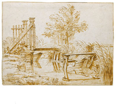 A BRIDGE ACROSS A SMALL CANAL, WITH MOORED BOATS