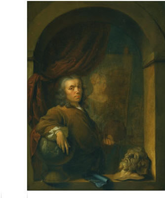 Portrait of Louis Moni: SELF-PORTRAIT OF THE ARTIST, HOLDING A PALETTE AND A BRUSH, STANDING IN A NICHE