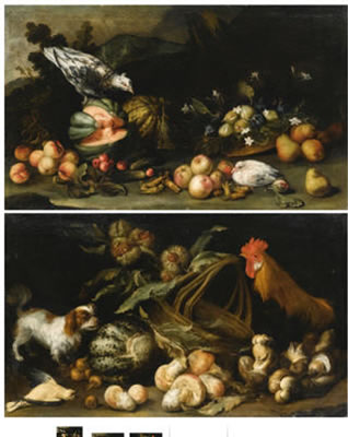 A  FOREST  FLOOR  STILL  LIFE  WITH  A  DOG,  A  COCKEREL,  HORSE  CHESTNUTS  AND  A  MELON; AND A  FOREST  FLOOR  STILL  LIFE  WITH  FIGS,  PEARS,  MELONS,  APRICOTS  AND  CUCUMBERS (2)