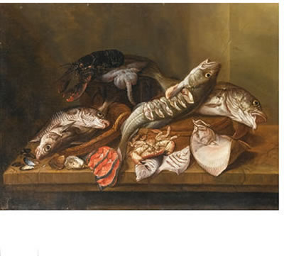 A  STILL  LIFE  WITH  FISH,  AN  UPTURNED  CRAB,  OYSTERS,  COCKLES  AND  MUSCLES,  A  RAY,  A  LOBSTER,  TURBOT  AND  HADDOCK,  ALL  ON  A  TABLE  IN  AN  INTERIOR