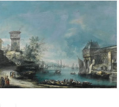 A  CAPRICCIO  COASTAL  VIEW  WITH  ELEGANT  BUILDINGS,  A  BRIDGE  IN  THE  DISTANCE,  AND  FIGURES  ON  LOADED  BOATS  IN  THE  FOREGROUND