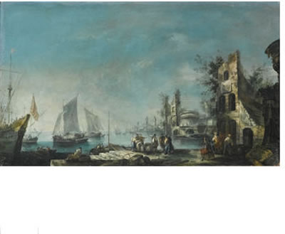 A  CAPRICCIO  HARBOUR  VIEW  WITH  FIGURES  CONVERSING  AND  SHIPS  AT  ANCHOR