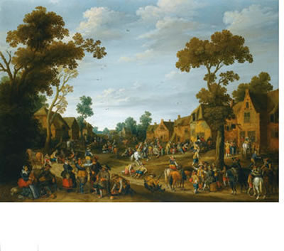 A BUSY VILLAGE SCENE WITH SOLDIERS AND PEASANTS