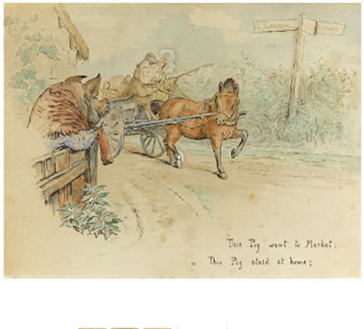 COMPLETE SET OF FOUR WATERCOLOURS (ON THREE SHEETS) FOR 'THIS PIG WENT TO MARKET'