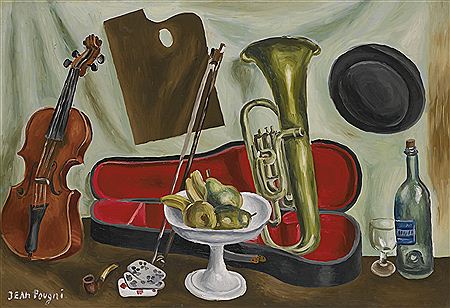 INSTRUMENTS DE MUSIQUE ET VASE DE FRUITS