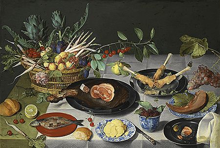 A STILL LIFE WITH ARTICHOKES, RADISHES, ASPARAGUS, PLUMS, CHERRIES AND PEACHES IN A BASKET, TOGETHER WITH A HAM AND PIG'S TROTTERS ON PEWTER PLATES, A HERRING, A TONGUE AND SOME BUTTER ON BLUE-AND-WHITE DISHES, MULBERRIES IN A BLUE-AND-WHITE BOWL, A KNIFE
