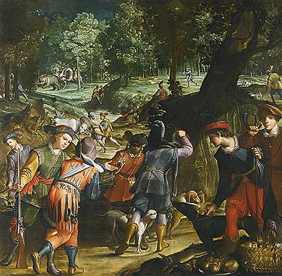 "CACCIA ALL'ELEFANTE"; AN EXTENSIVE LANDSCAPE WITH AN ELEPHANT HUNT
