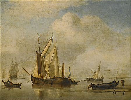 SHIPPING IN A CALM OFFSHORE WITH FIGURES ON THE SHORE BY A ROWING BOAT, A MAN-OF-WAR LYING OFF