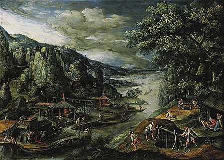A RIVER LANDSCAPE WITH IRON-MINING SCENES