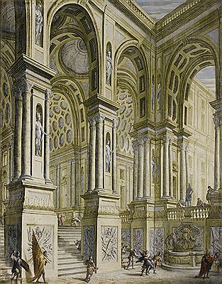THE PORTICO AND STAIRCASE OF A PALACE WITH SOLDIERS AND A WOMAN BEING CARRIED OFF ON HORSEBACK; AN IMAGINARY VIEW OF A PALACE WITH A HORSEMAN AND ANGELS (a pair)