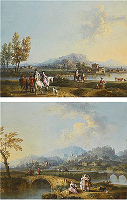 AN ITALIANATE LANDSCAPE WITH ELEGANT FIGURES ON HORSEBACK, BEFORE A RIVERSIDE TOWN; AN ITALIANATE LANDSCAPE WITH HORSEMEN CROSSING A BRIDGE, A LADY AND GENTLEMAN IN THE FOREGROUND (a pair)