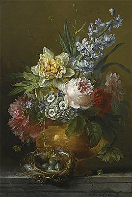 A STILL LIFE WITH ROSES, HYACINTHS, AURICULA, PINK PEONIES, FORGET-ME-NOTS AND BUTTERCUPS IN A STONE VASE, ON A STONE LEDGE TOGETHER WITH A DUNNOCK'S NEST AND A DRAGONFLY