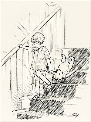 "HERE IS EDWARD BEAR, COMING DOWNSTAIRS NOW, BUMP, BUMP, BUMP, ON THE BACK OF HIS HEAD, BEHIND CHRISTOPHER ROBIN."