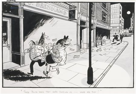 "THOSE POLICE DOGS THAT WERE CHASING US - WHERE ARE THEY?" by Stanley McMurtry - Auction record, sale price, and art valuation. Compare with similar artists and explore comparable artworks.