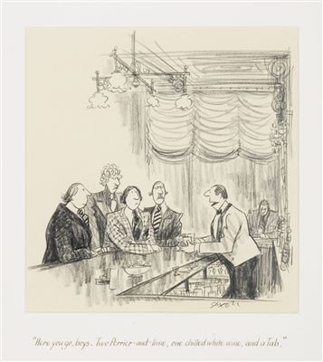 "HERE YOU GO, BOYS. TWO PERRIER-AND-LIME, ONE CHILLED WHITE WINE, AND A TAB" by Charles Saxon - Auction record, sale price, and art valuation. Compare with similar artists and explore comparable artworks.