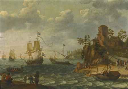 SHIPS MOORED OFF A ROCKY COASTLINE WITH FISHERMEN UNLOADING THEIR CATCH