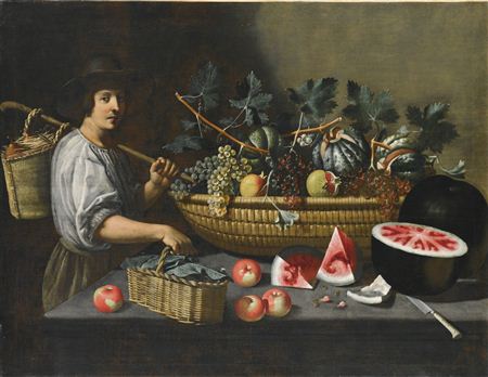 A STILL LIFE OF GRAPES, MELONS AND POMEGRANATES