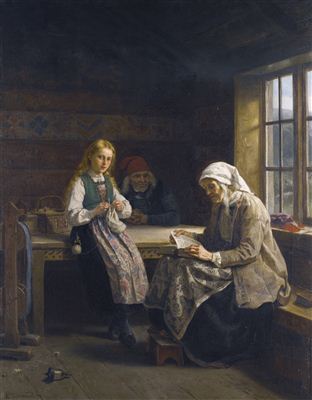 A HARDANGER INTERIOR, YOUNG GIRL KNITTING