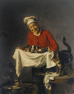 JEUNE COMMIS AVEC CHIOTS ET CHATONS