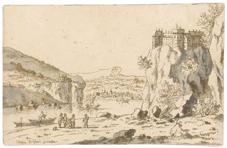 ROCKY LANDSCAPE WITH FIGURES ON A RIVER BANK, BELOW A CASTLE