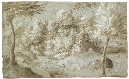 A LANDSCAPE WITH A RIVER RUNNING THROUGH A FOREST WITH FIGURES, COWS AND A SMALL HOUSE IN THE BACKGROUND