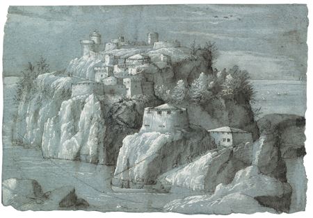 A FANTASY VIEW: A ROCKY ISLAND WITH FORTIFIED BUILDINGS, A BOAT IN THE FOREGROUND
