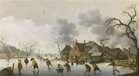 WINTER SCENE WITH SKATERS AND KOLFERS ON THE ICE